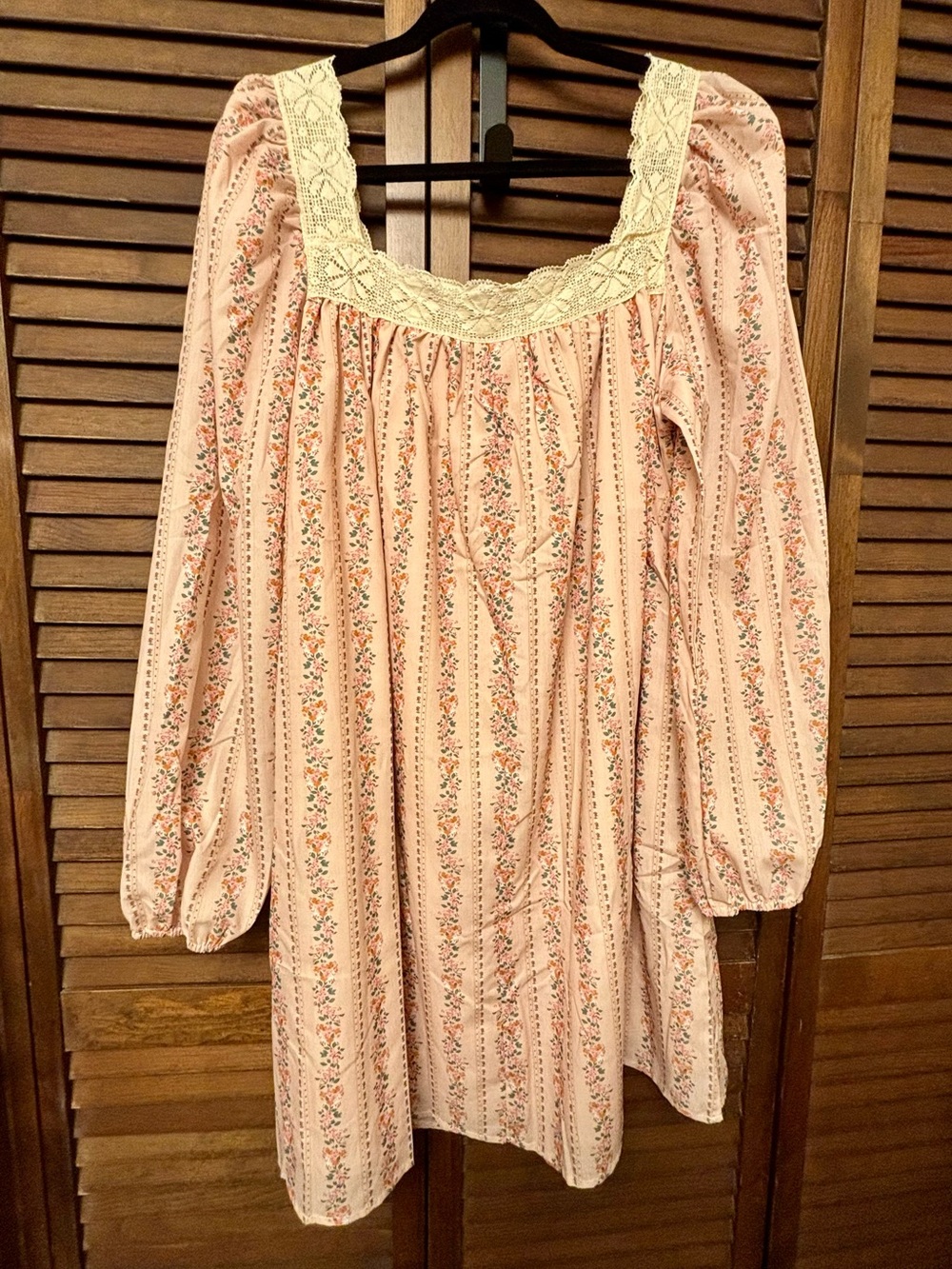 Peach Floral Long-Sleeve Peasant Dress with Velvet Bow & Lace Trim - Picture 11 of 13